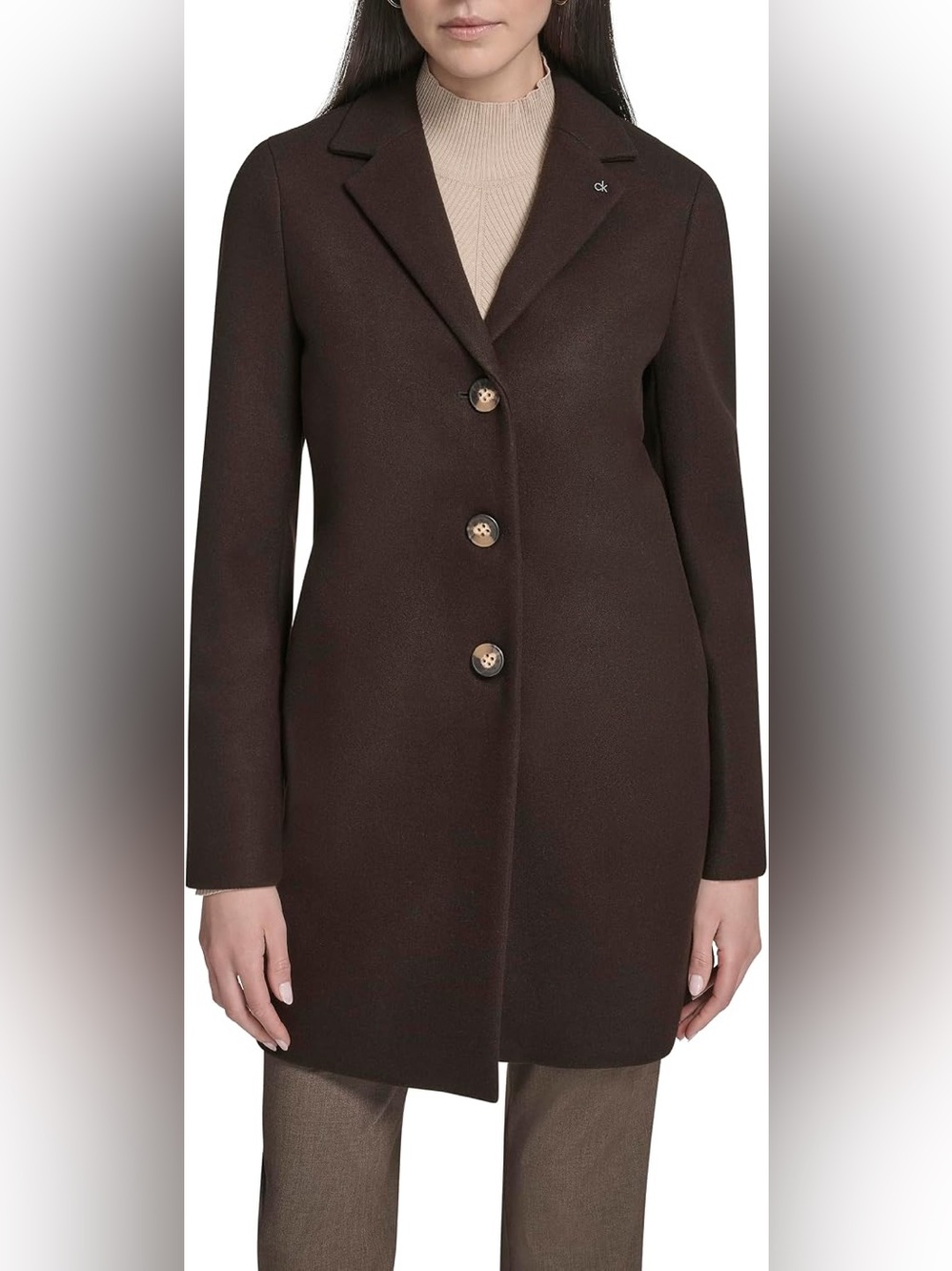 CALVIN KLEIN Chocolate Brown Single Breasted Dress Coat Sz XS